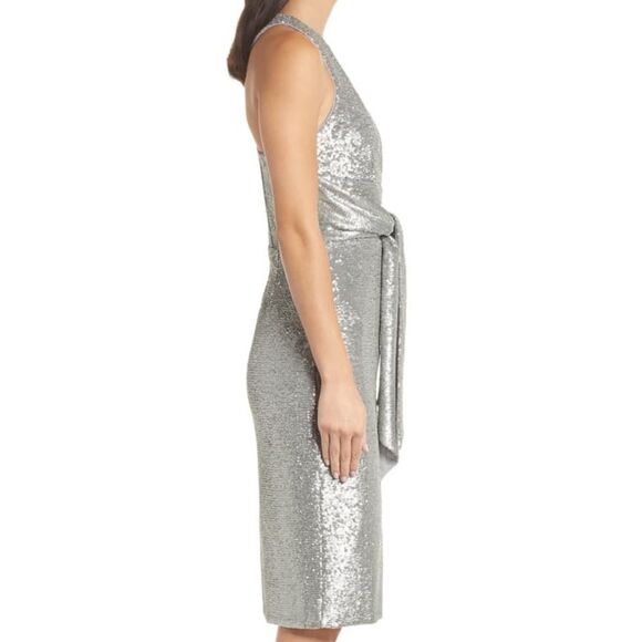 Silver Metallic HARLYN Sequin Embellished Plunge Neck Tie-Waist Midi Dress (NWT) - Picture 3 of 8
